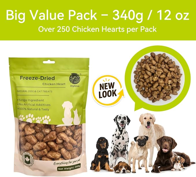 MYLOVE Freeze-Dried Dog Treats (340g, Chicken Heart)Human Grade, Single Ingredient, Grain-Free Pet Treats, 100% Natural, Protein-Rich, Raw-Inspired, Small, Medium & Large Dogs, Local Lab Tested