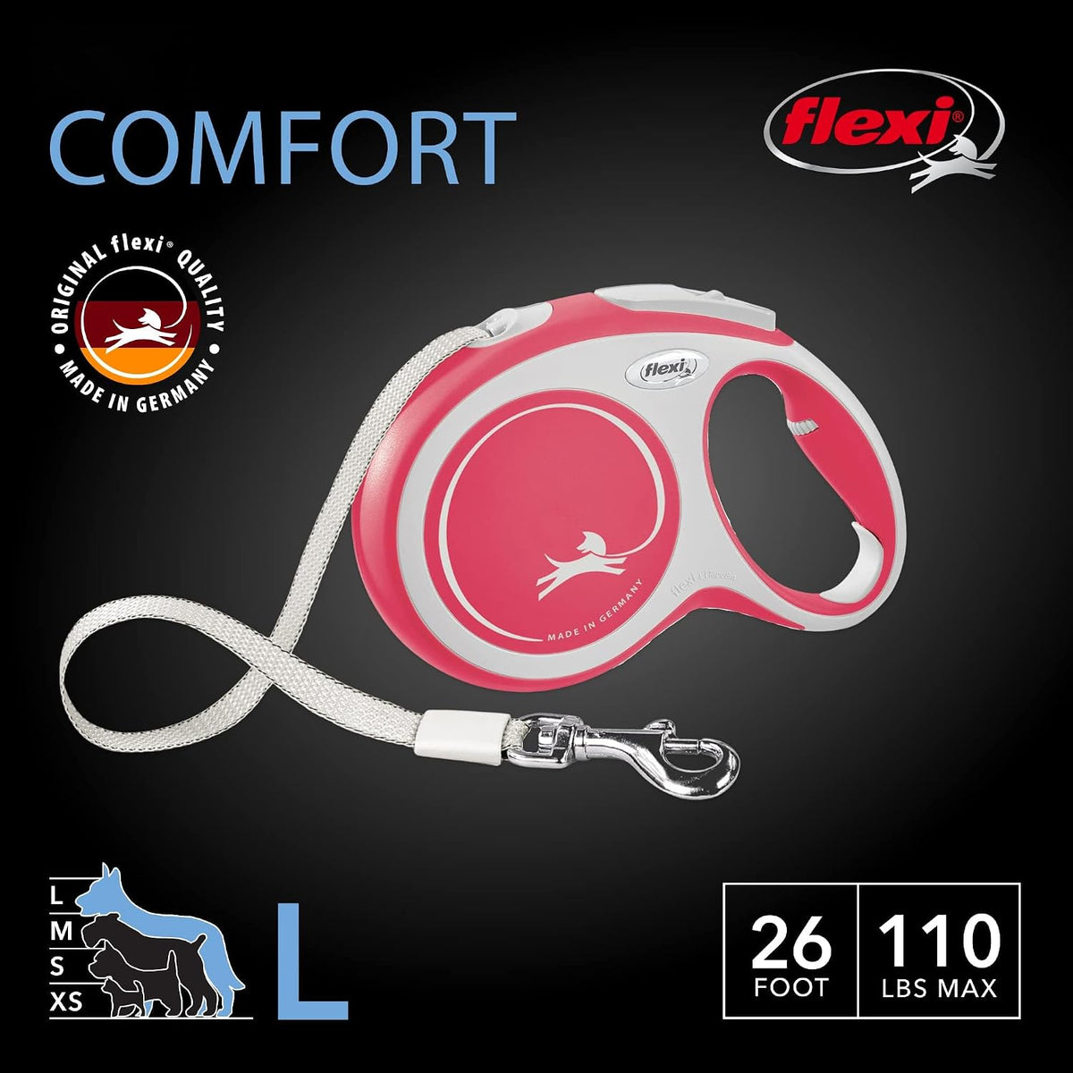 flexi New Comfort Tape Retractable Dog Leash – Large, 8 m, Red
