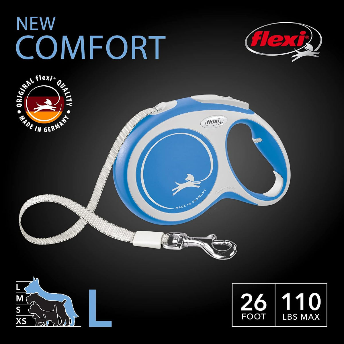 flexi New Comfort Tape Retractable Dog Leash – Large, 8 m, Blue