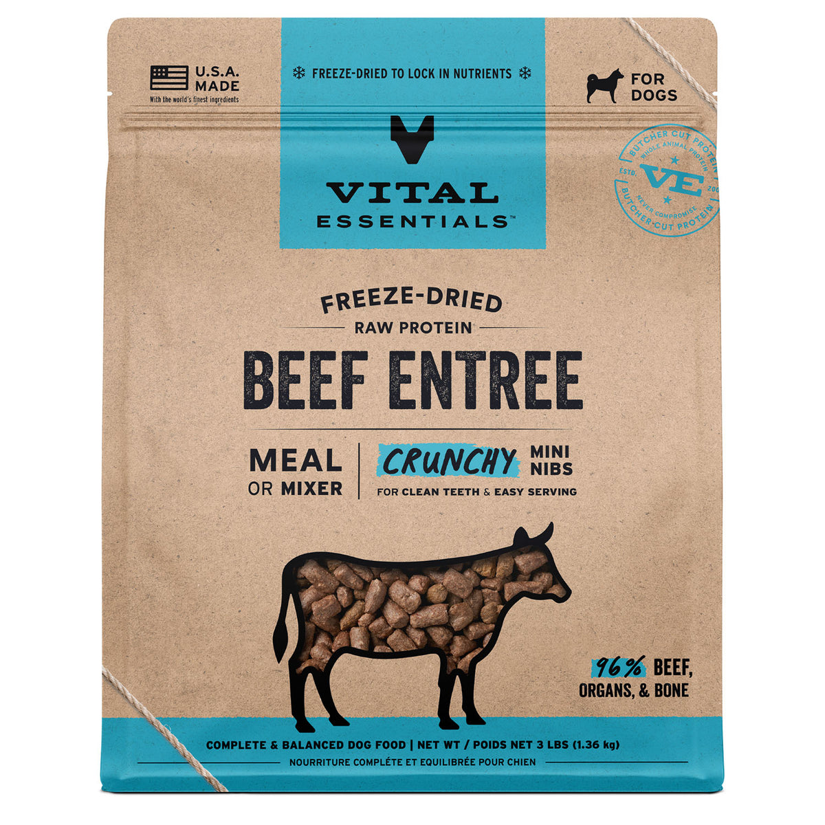 Vital Essentials Freeze-Dried Raw Beef Entree & Mixer Mini Nibs Dog Food – 3 lb