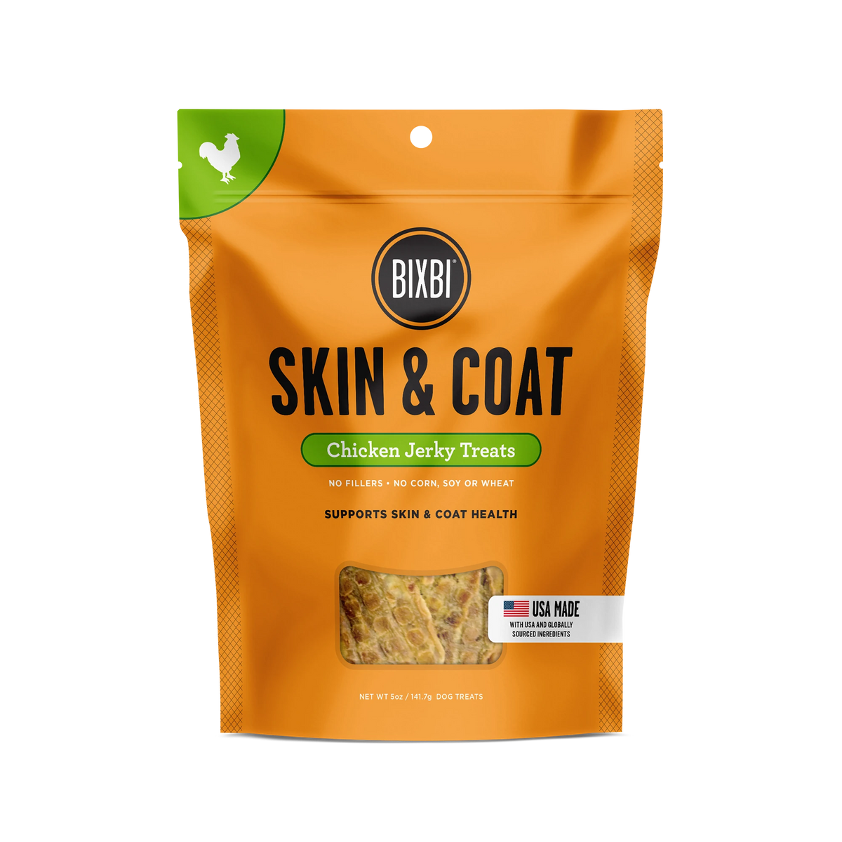 BIXBI Skin & Coat Jerky Treats Chicken Recipe front of bag