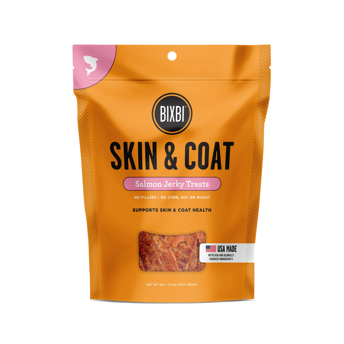 BIXBI Skin & Coat Jerky Treats Salmon Recipe front of bag