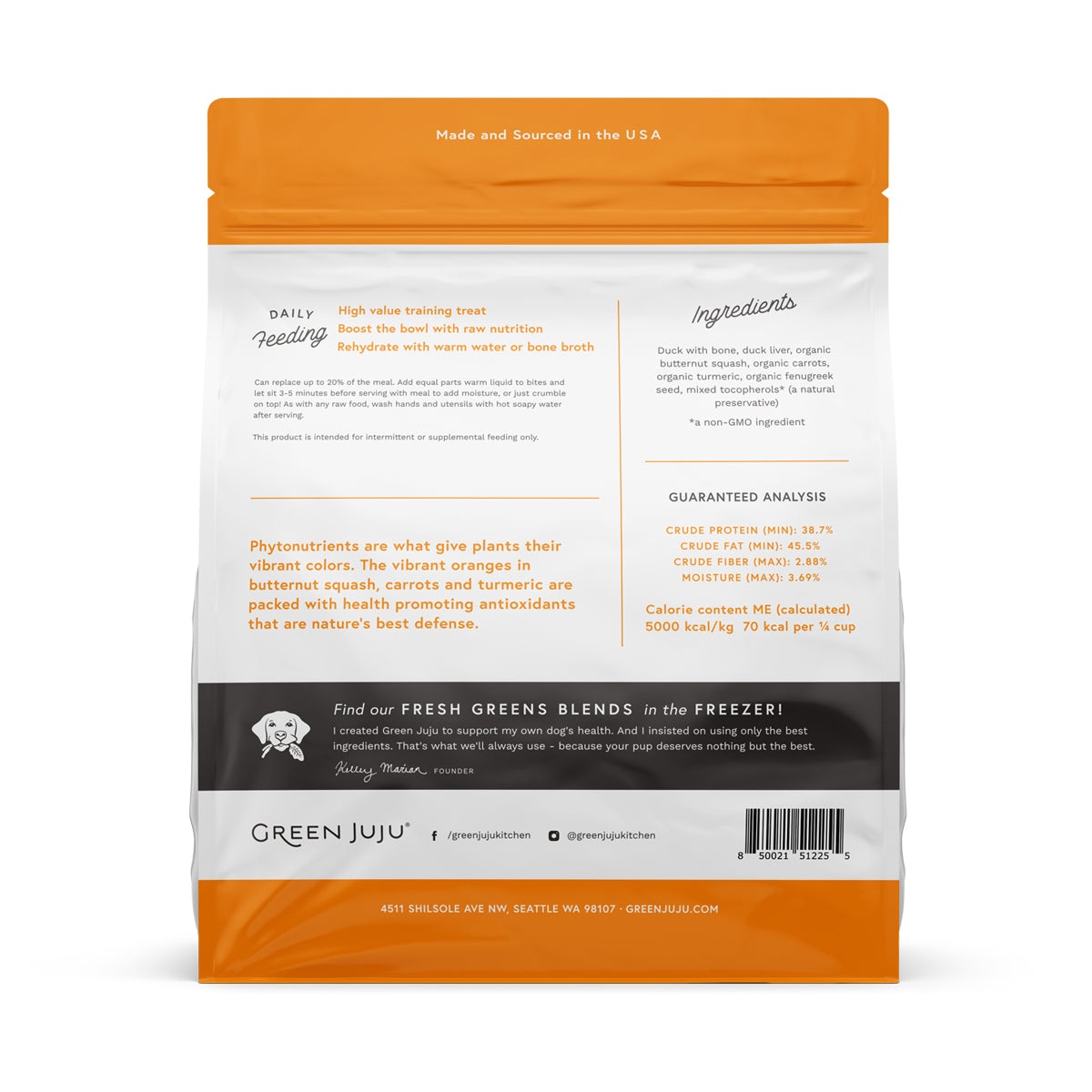 Green Juju Duck Orange Whole Food Bites bag, back panel