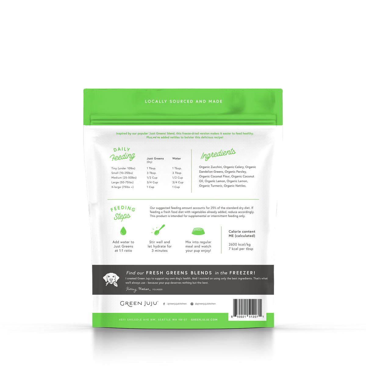 Green Juju Freeze-Dried Just Greens Blend with Nettles pouch, back panel