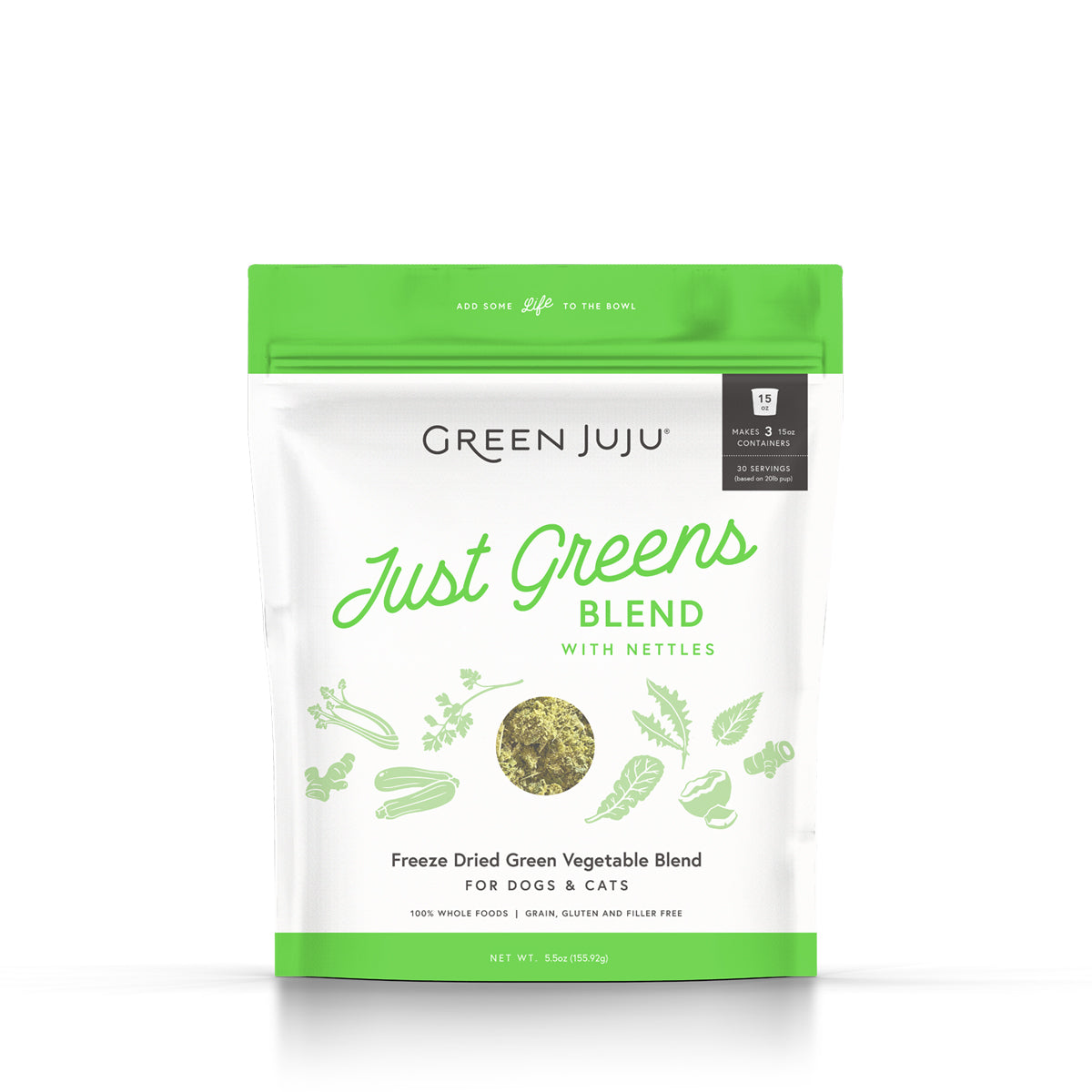 Green Juju Freeze-Dried Just Greens Blend with Nettles pouch, front