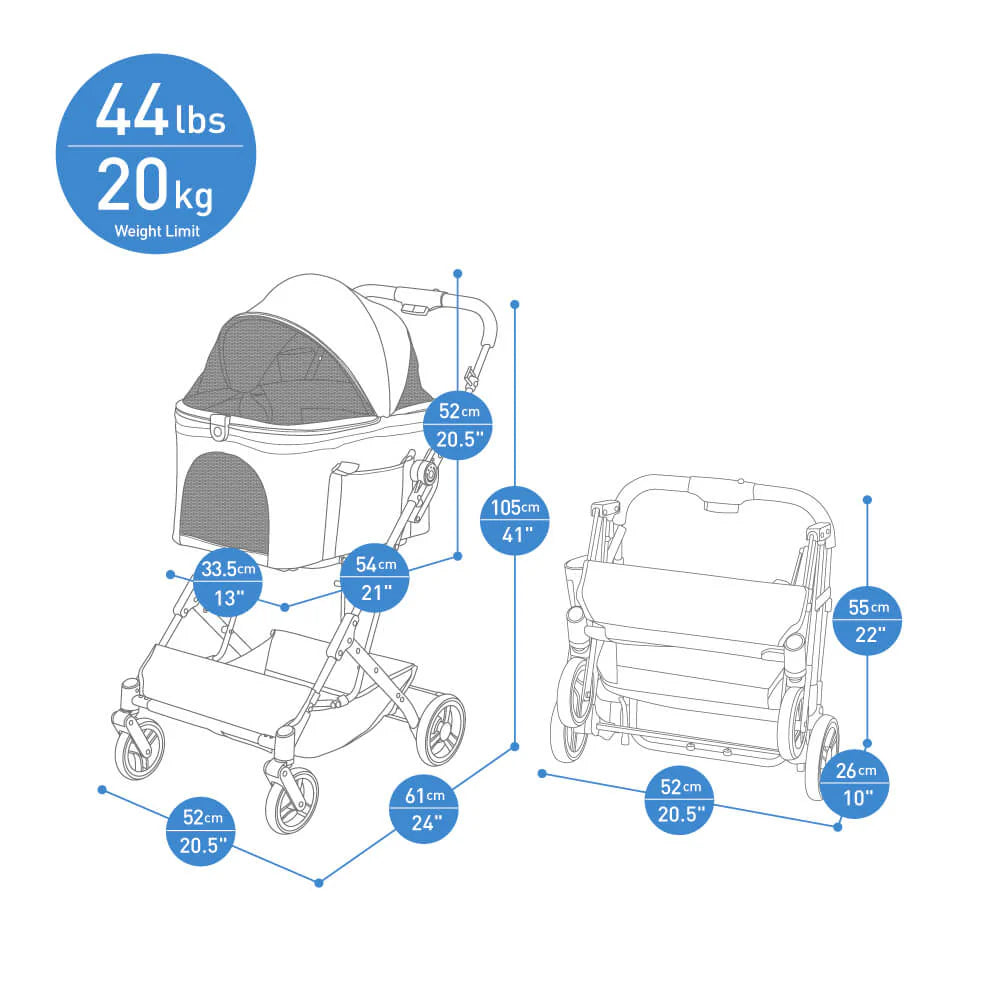 Ibiyaya® Essential – Travois Tri-fold Pet Travel System XL, Pet Stroller with Detachable Carrier