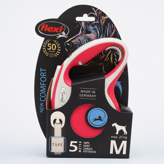 flexi New Comfort Tape Retractable Dog Leash – M, 5 m (16 ft), Red
