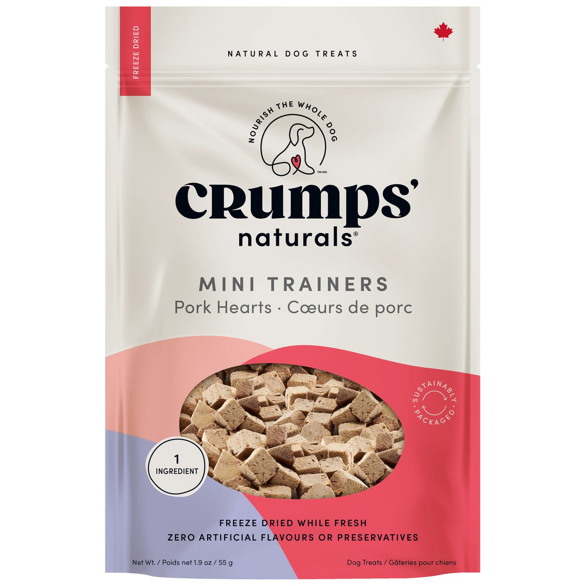 Crumps' Naturals Pork Hearts Mini Trainers 55 g bag front
