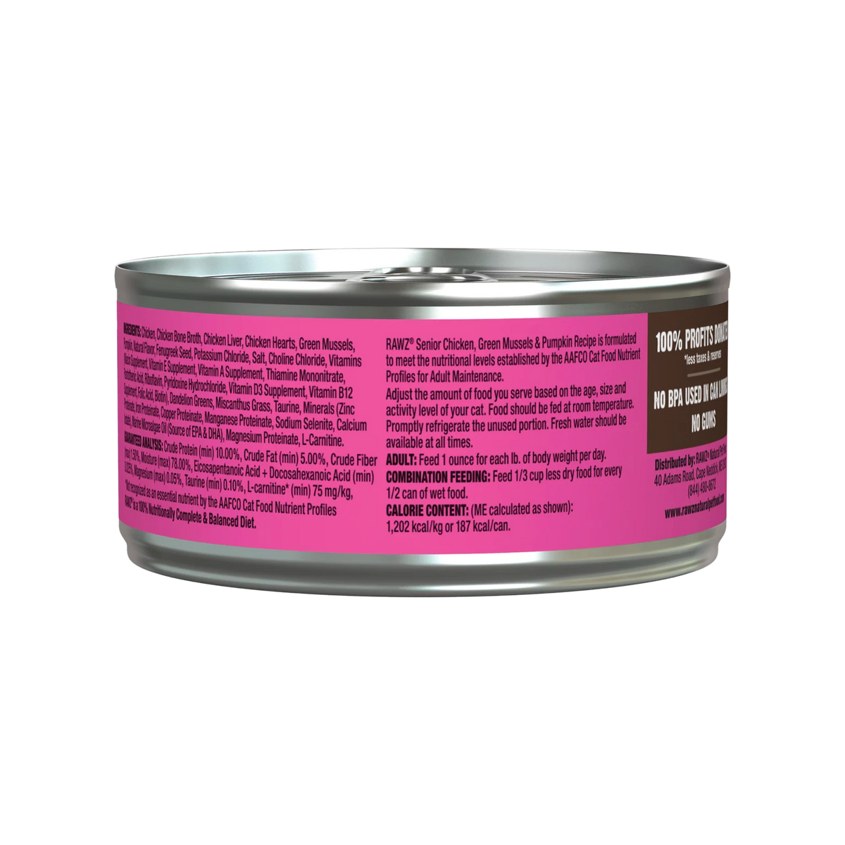 RAWZ Senior Chicken, New Zealand Green Mussels & Pumpkin Wet Cat Food – back panel