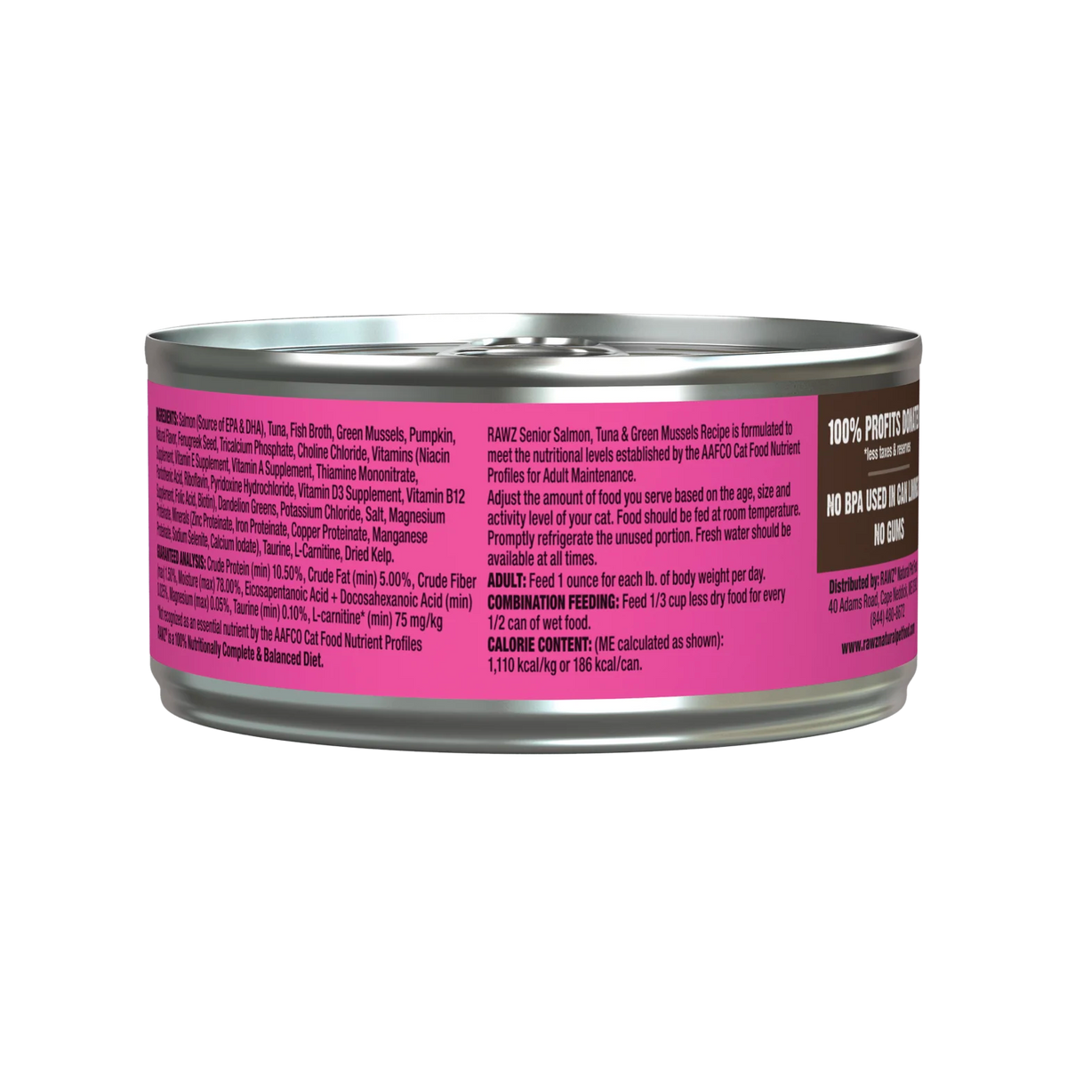 RAWZ Senior Salmon, Tuna & New Zealand Green Mussels Wet Cat Food – back panel