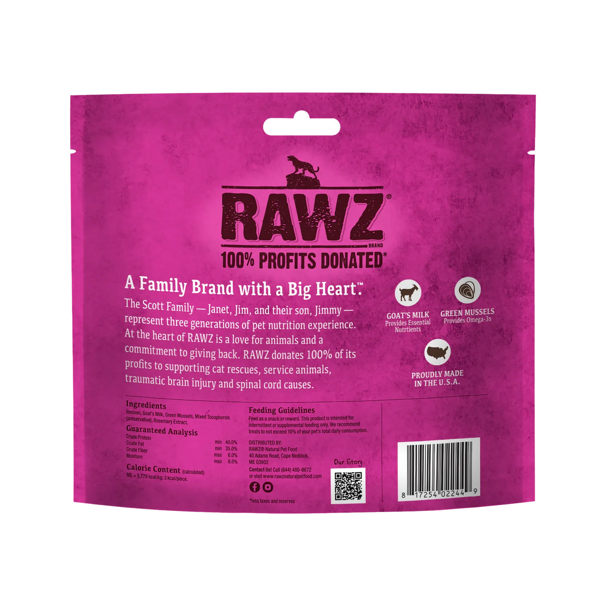RAWZ Raw Freeze-Dried Venison, Goat's Milk & Green Mussels Cat Treats – back panel
