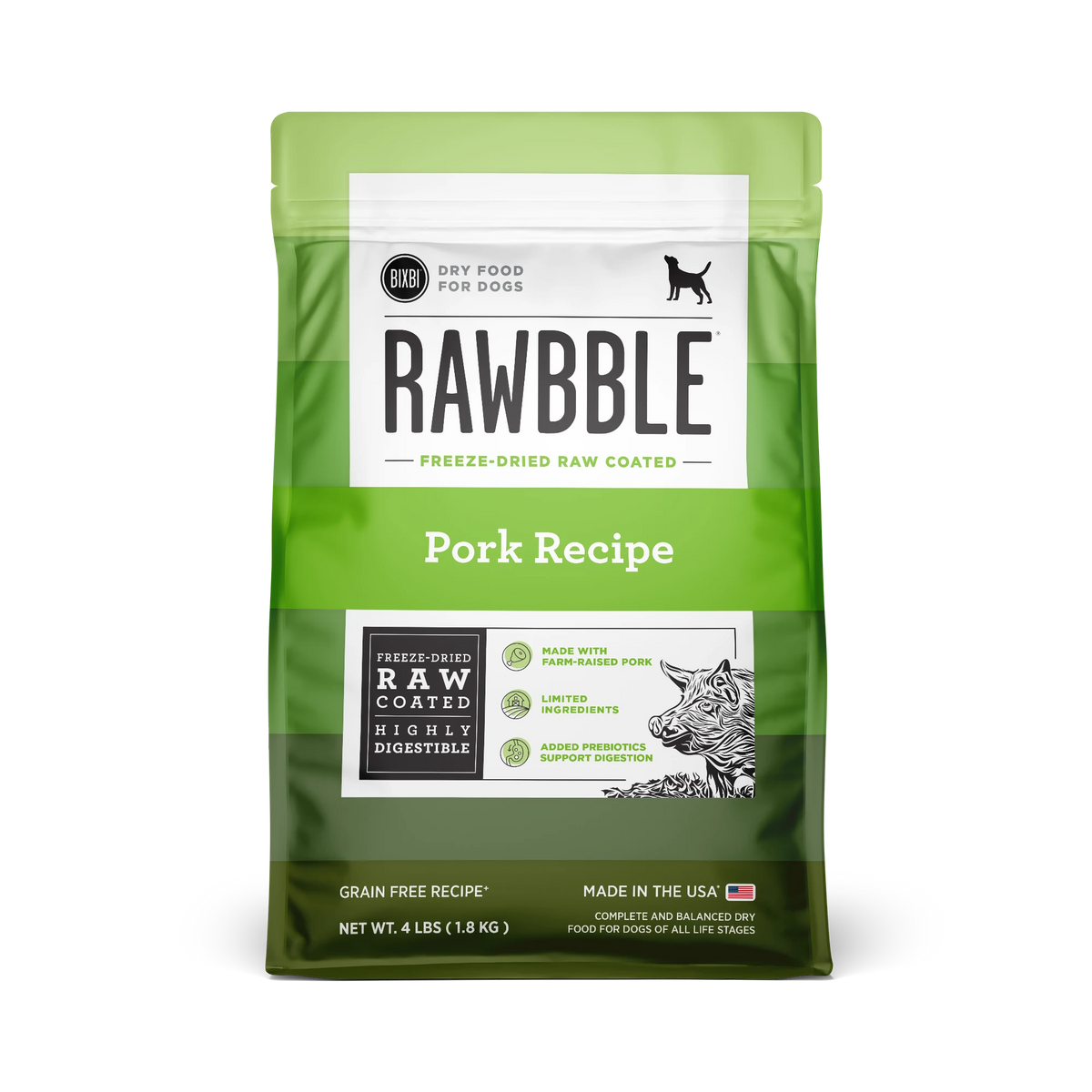 BIXBI Rawbble Dry Food for Dogs Pork Recipe 4 lb front of bag