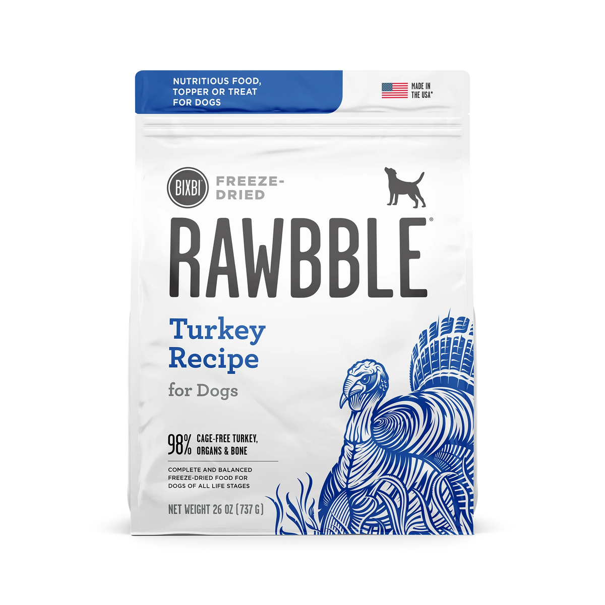 BIXBI Rawbble Freeze-Dried Food for Dogs Turkey Recipe front of bag