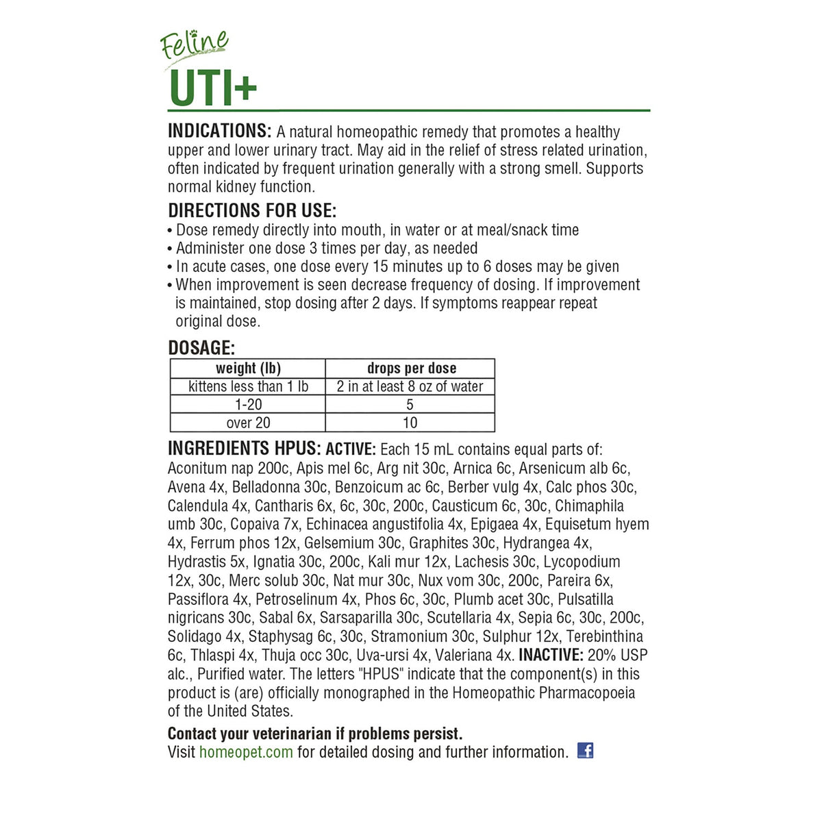 HomeoPet Feline UT+ Homeopathic Urinary Tract Support for Cats – 15 mL