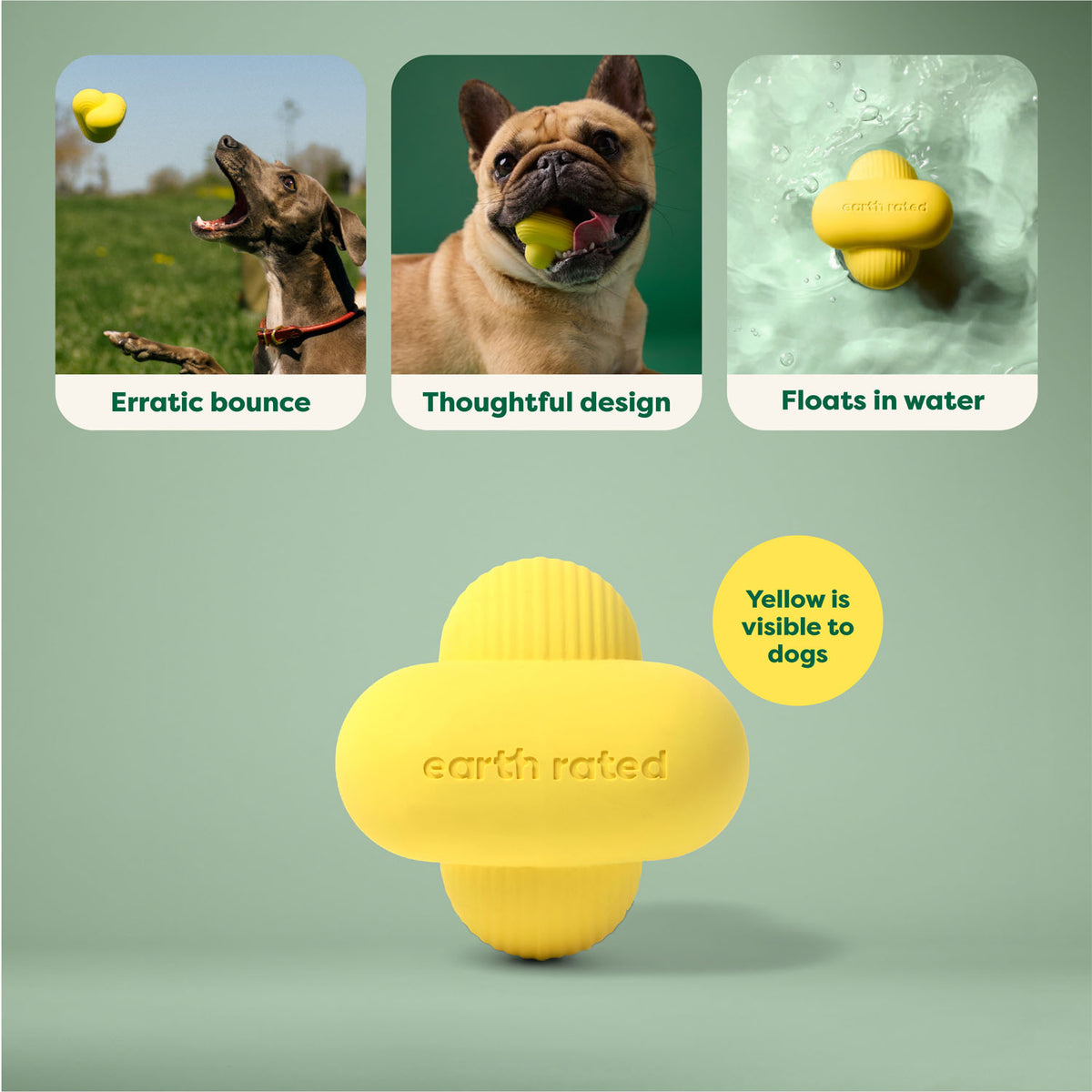 Earth Rated Natural Rubber Fetch Toy for Dogs – Yellow, Small