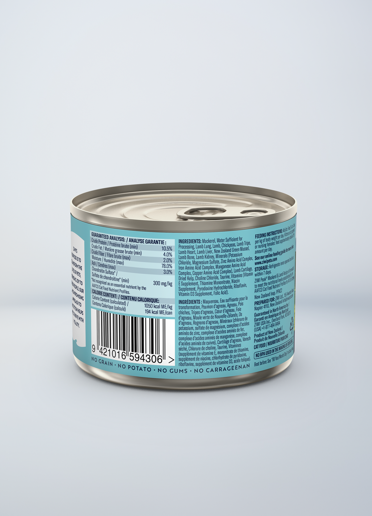 ZIWI Peak Original Mackerel & Lamb Recipe Grain-Free Wet Cat Food – back of pack / nutrition panel (official ZIWI image)
