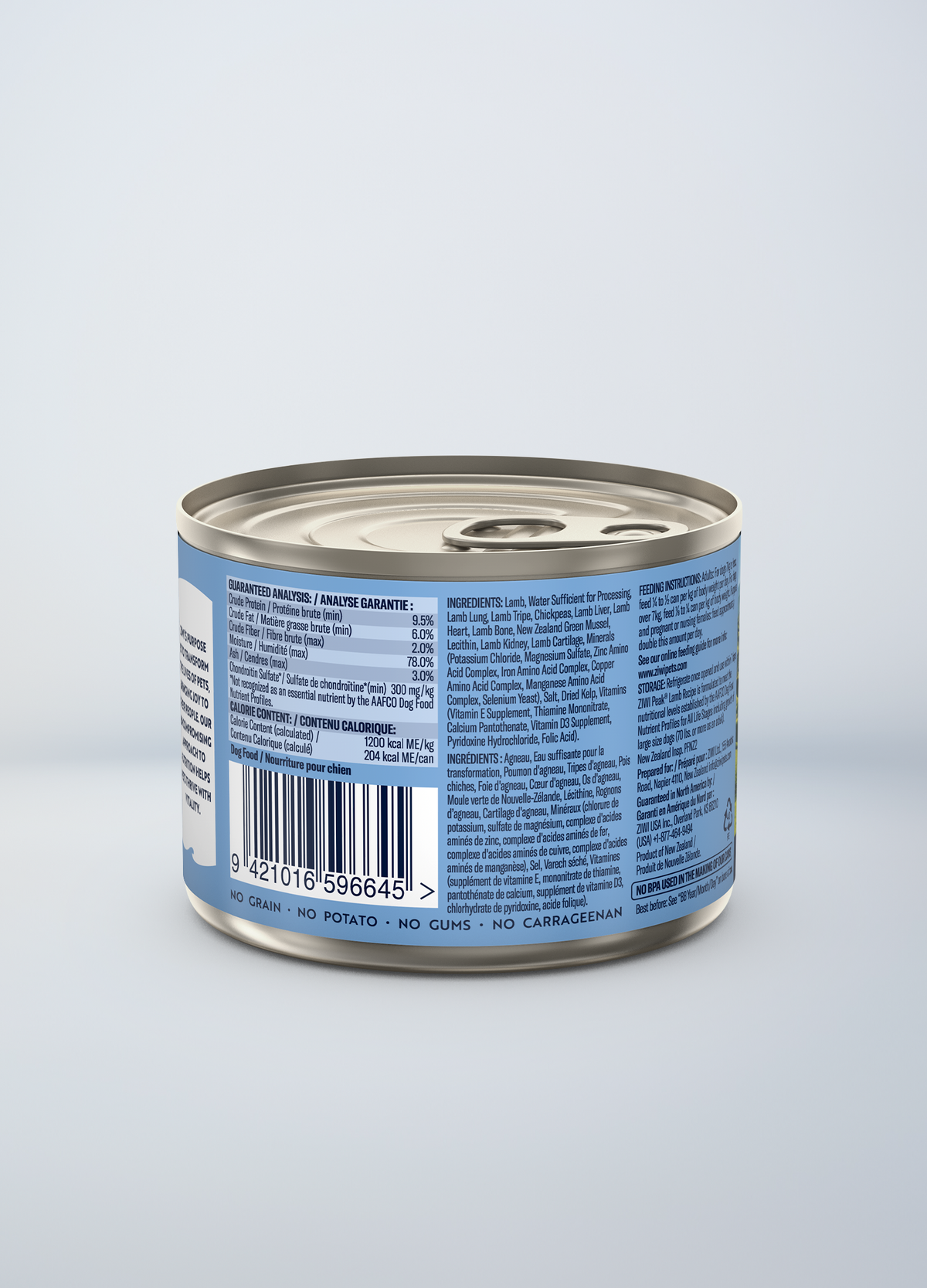 ZIWI Peak Original Lamb Recipe Grain-Free Wet Dog Food – back of pack / nutrition panel (official ZIWI image)