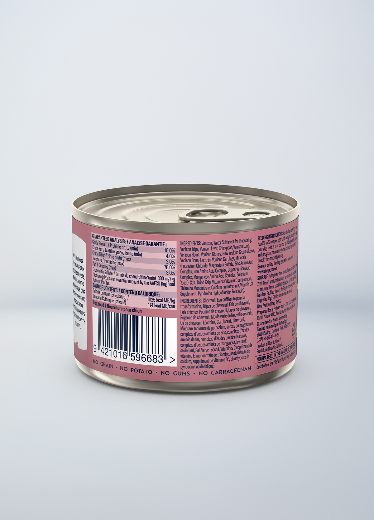 ZIWI Peak Original Venison Recipe Grain-Free Wet Dog Food – back of pack / nutrition panel (official ZIWI image)