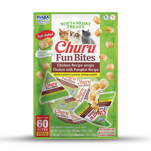 Inaba Churu Fun Bites Chicken Recipe wraps Chicken with Pumpkin Recipe – front of package (official image)