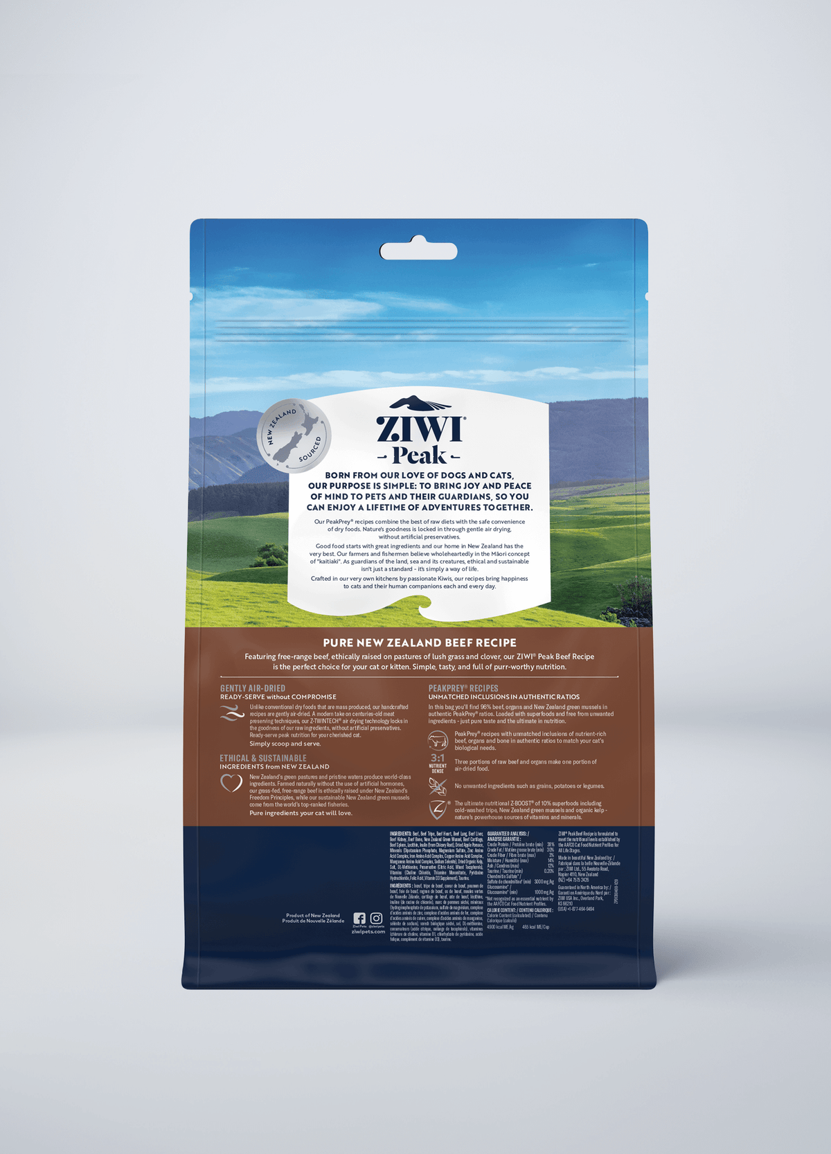 ZIWI Peak Original Air-Dried Beef Recipe Grain-Free Cat Food – back of pack / nutrition panel (official ZIWI image)