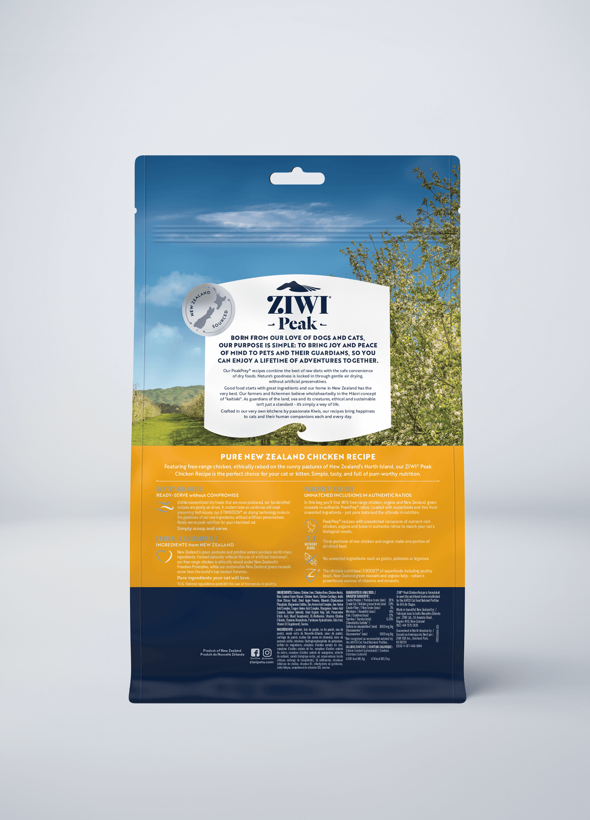 ZIWI Peak Original Air-Dried Chicken Recipe Grain-Free Cat Food – back of pack / nutrition panel (official ZIWI image)