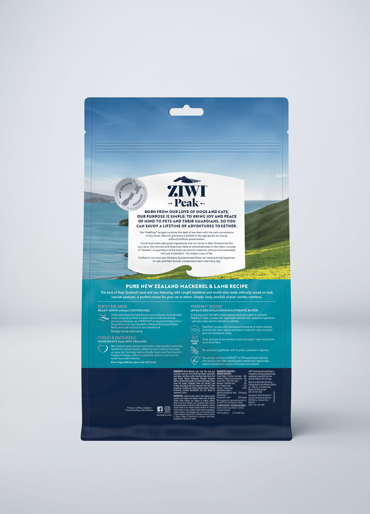 ZIWI Peak Original Air-Dried Mackerel & Lamb Recipe Grain-Free Cat Food – back of pack / nutrition panel (official ZIWI image)