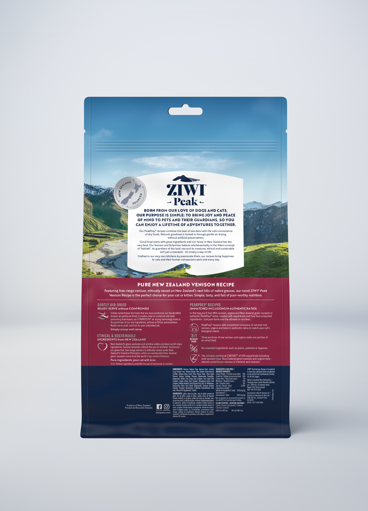 ZIWI Peak Original Air-Dried Venison Recipe Grain-Free Cat Food – back of pack / nutrition panel (official ZIWI image)