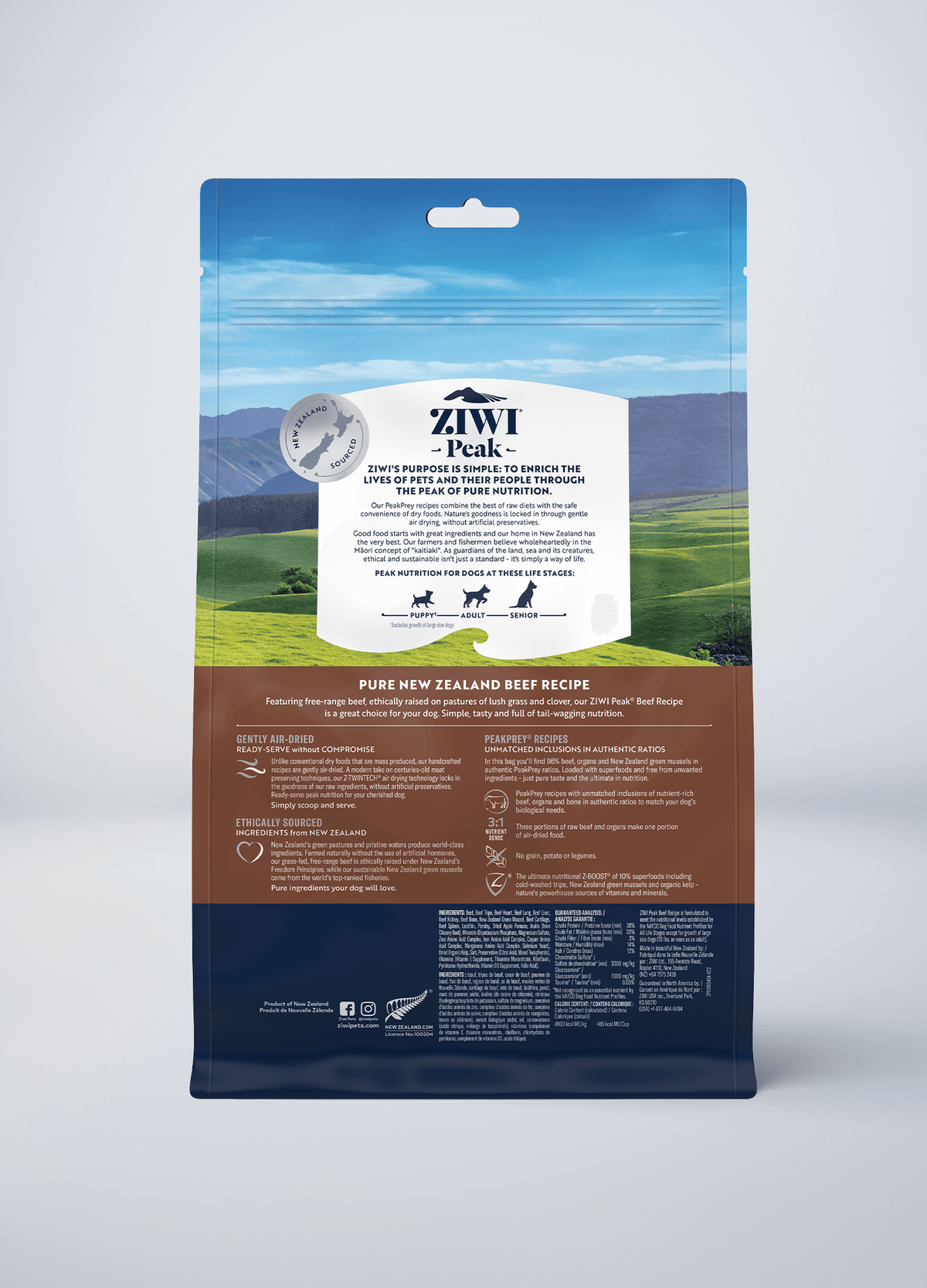 ZIWI Peak Original Air-Dried Beef Recipe Grain-Free Dog Food – back of pack / nutrition panel (official ZIWI image)
