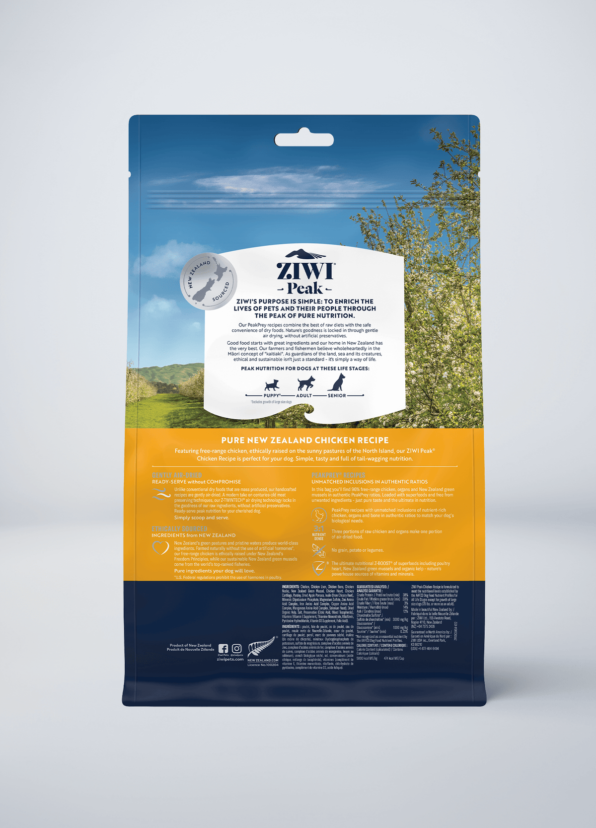 ZIWI Peak Original Air-Dried Chicken Recipe Grain-Free Dog Food – back of pack / nutrition panel (official ZIWI image)