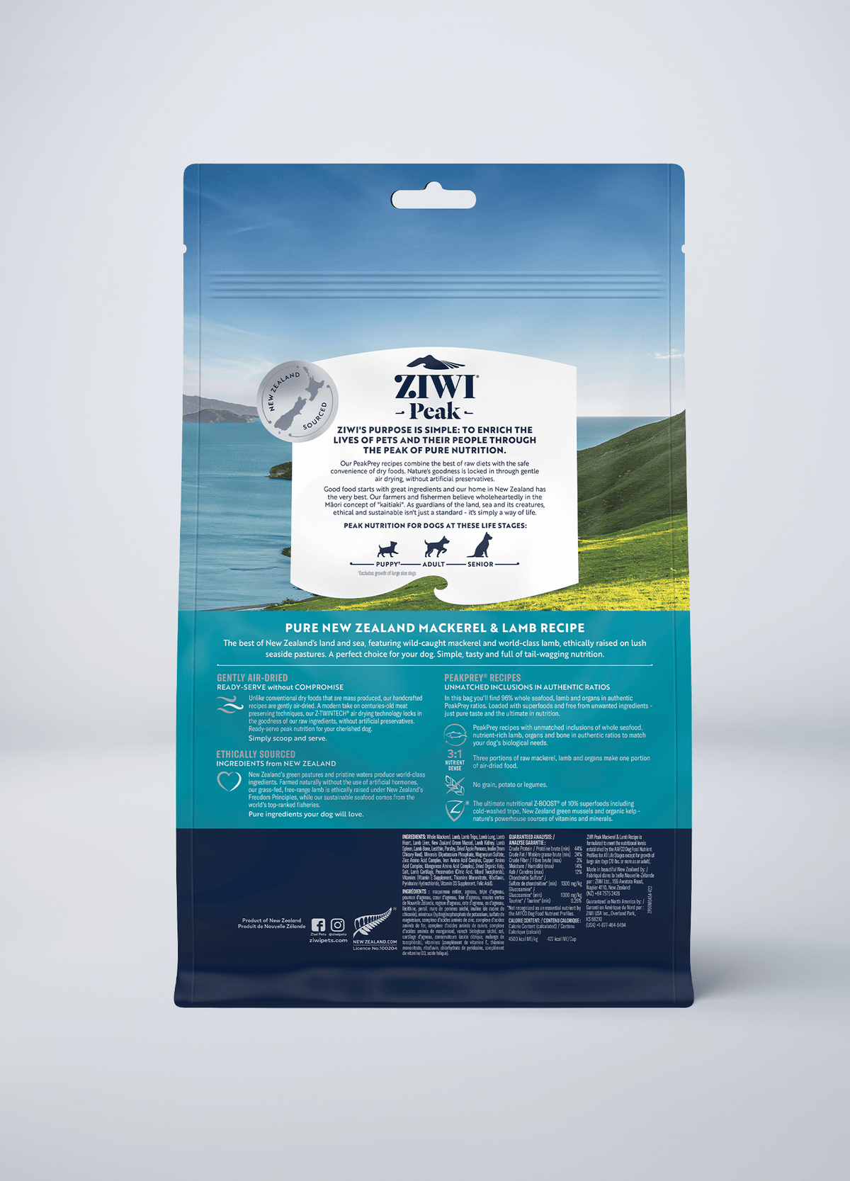 ZIWI Peak Original Air-Dried Mackerel & Lamb Recipe Grain-Free Dog Food – back of pack / nutrition panel (official ZIWI image)