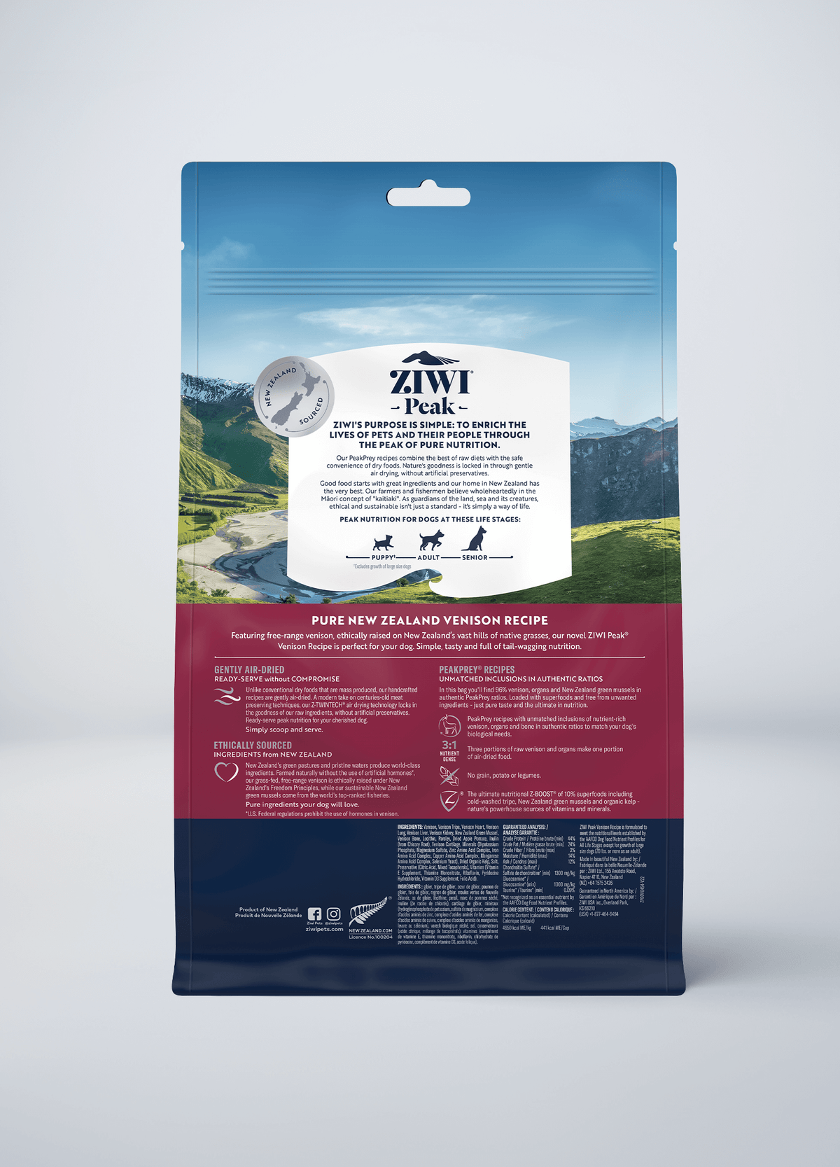 ZIWI Peak Original Air-Dried Venison Recipe Grain-Free Dog Food – back of pack / nutrition panel (official ZIWI image)