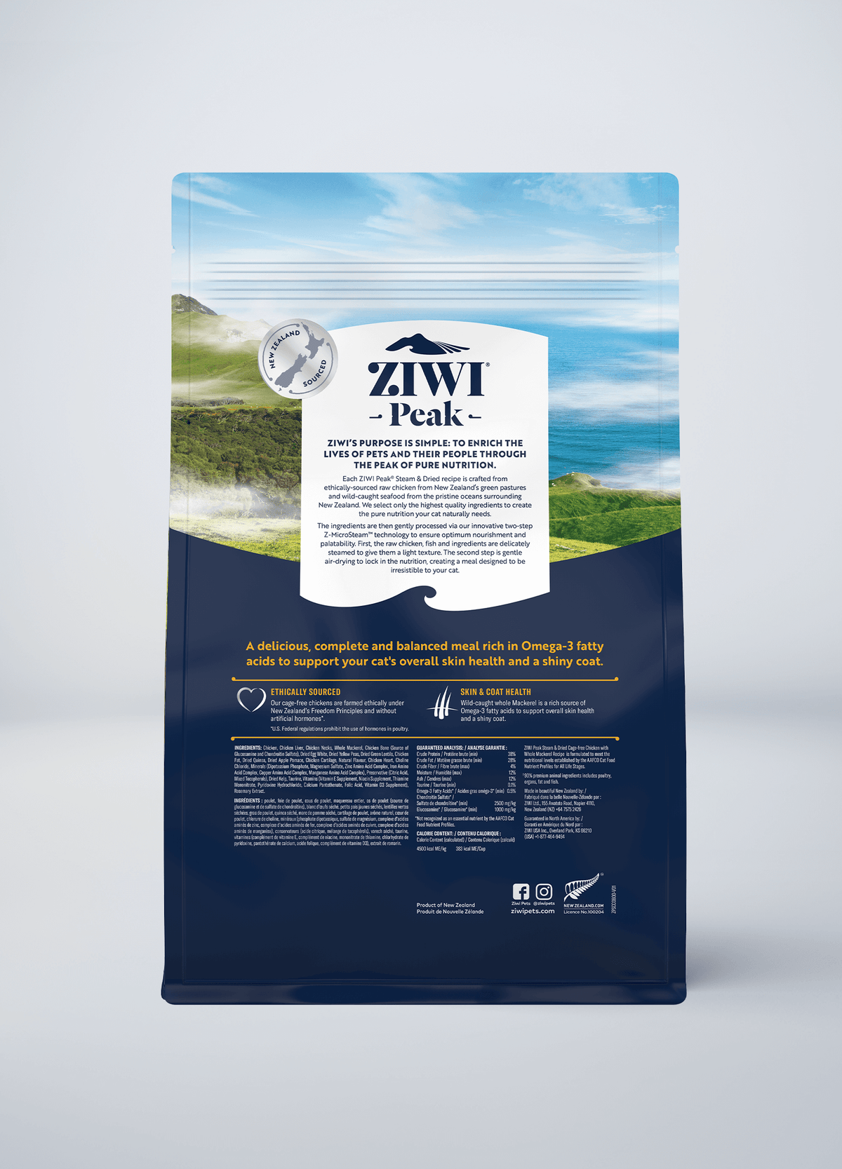 ZIWI Peak Steam & Dried Cage-free Chicken with Whole Mackerel Recipe Cat Food – back of pack / nutrition panel (official ZIWI image)