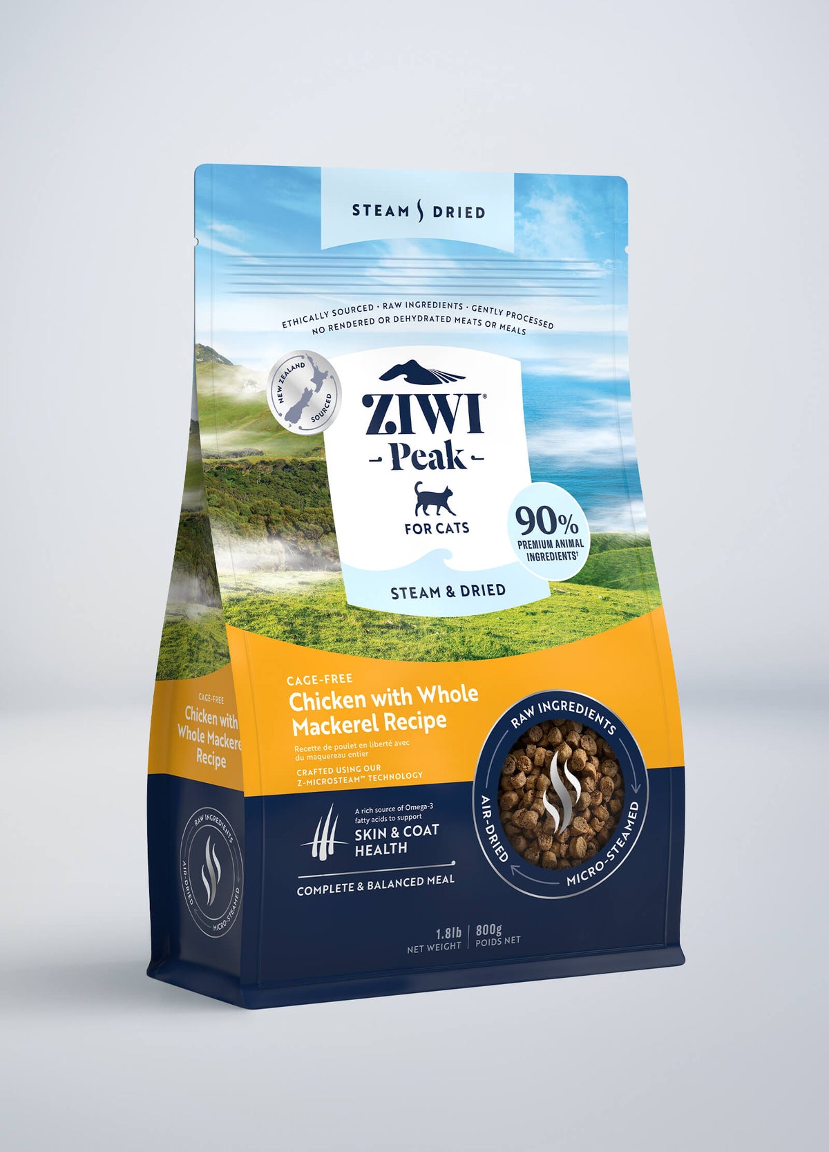 ZIWI Peak Steam & Dried Cage-free Chicken with Whole Mackerel Recipe Cat Food – front of pack (official ZIWI image)