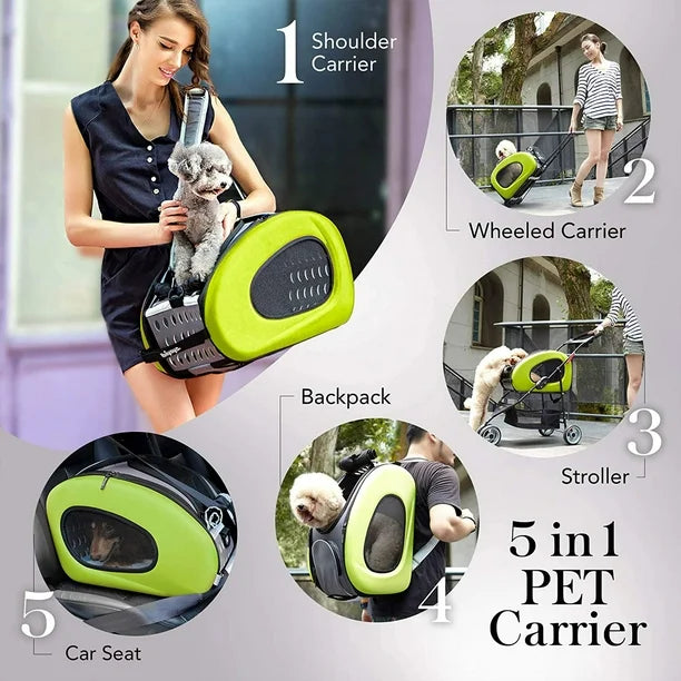 Ibiyaya 5-in-1 EVA Pet Stroller-Carrier, Rabbit-Dog-Cat Sling Bag & Small Pet Backpack with Wheels 1009