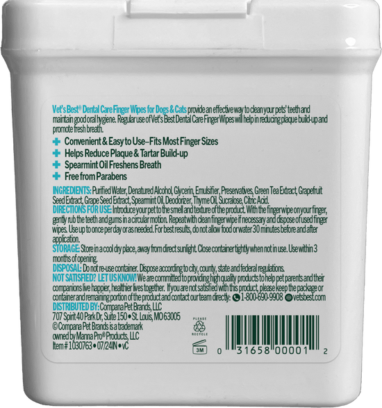 Vet's Best Dental Care Finger Wipes back of package