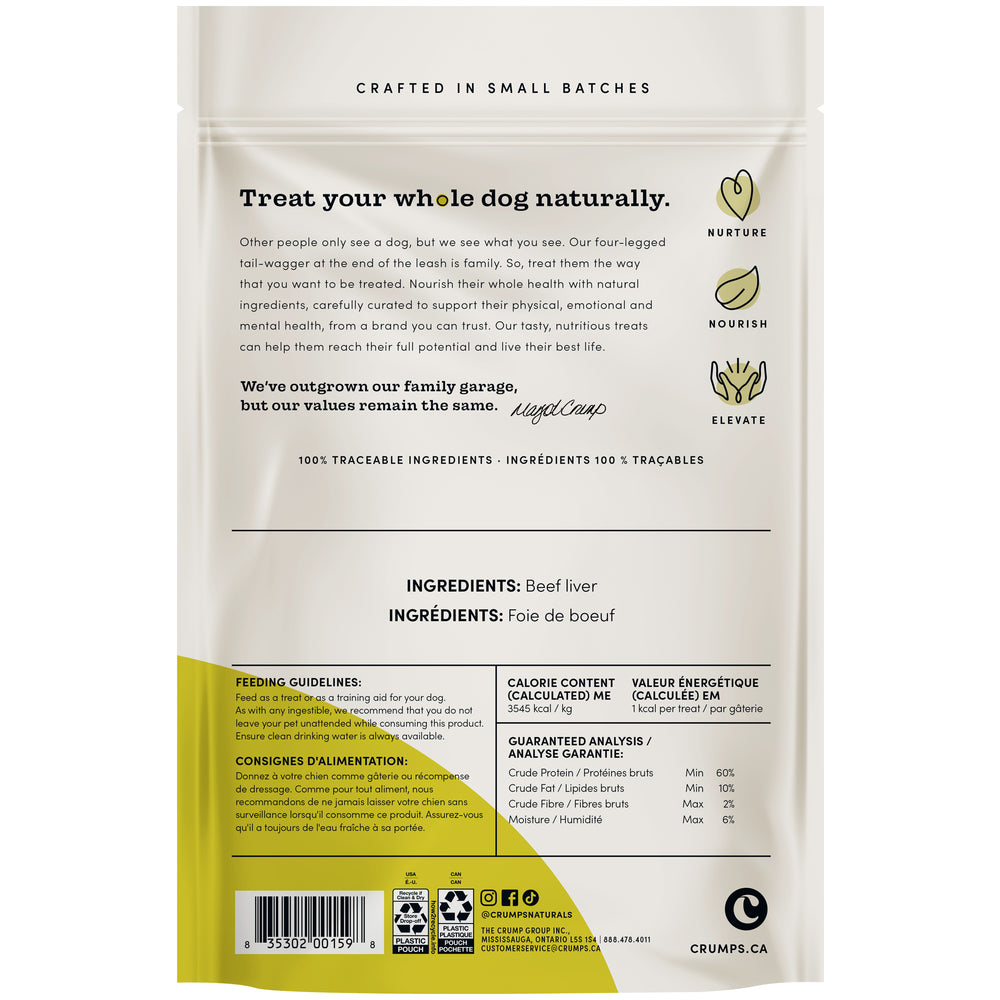 Crumps' Naturals Mini Trainers Beef Liver, 126 g — official back label, barcode 835302001598