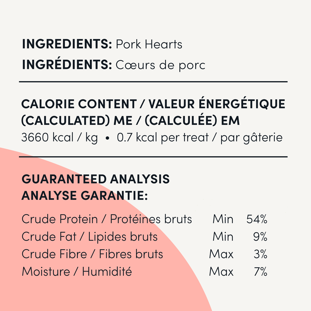Crumps' Naturals Mini Trainers Pork Hearts — official nutrition panel, 0.7 kcal per treat