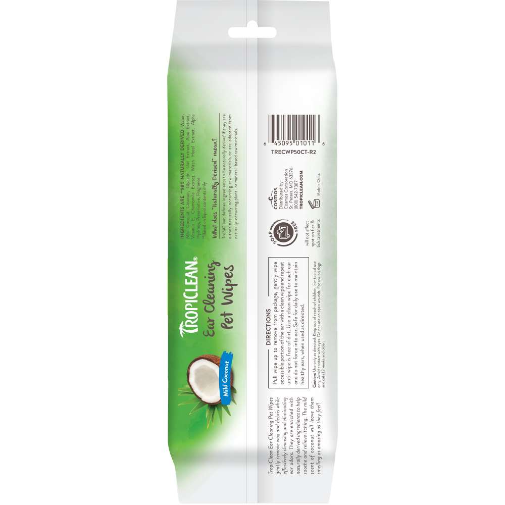 TropiClean Ear Cleaning Wipes, Mild Coconut – 50 Count