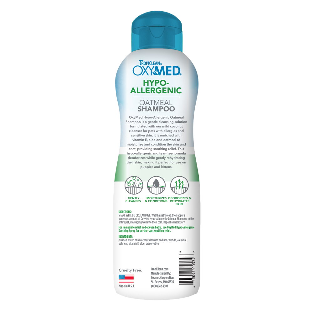 TropiClean OxyMed Hypoallergenic Oatmeal Shampoo for Dogs & Cats – back label