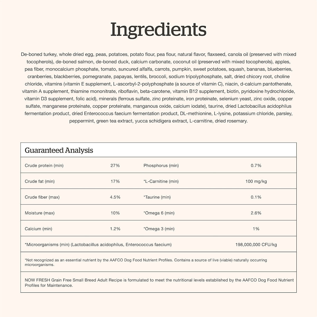 NOW FRESH Small Breed Adult ingredients