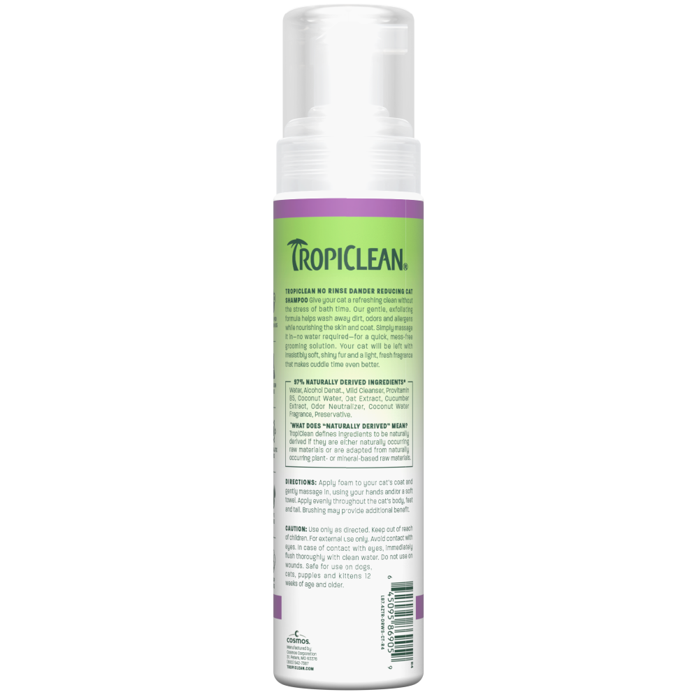 TropiClean Coconut & Cucumber Dander Reducing No Rinse Waterless Shampoo for Cats – back label