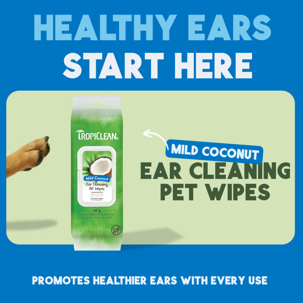 TropiClean Ear Cleaning Wipes, Mild Coconut – 50 Count