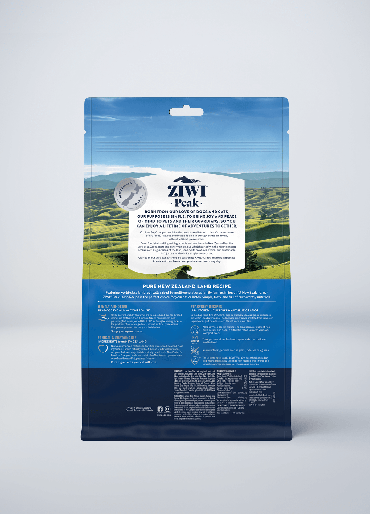 ZIWI Peak Air-Dried Lamb Recipe cat food 400 g — official manufacturer back panel