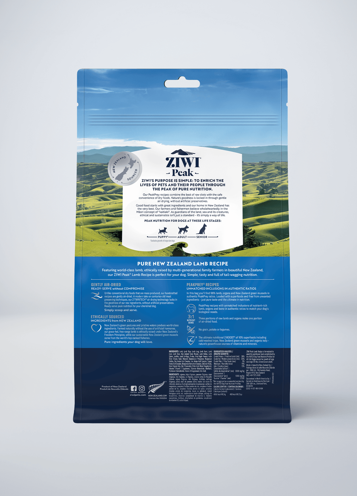 ZIWI Peak Air-Dried Lamb Recipe dog food 454 g — official manufacturer back panel