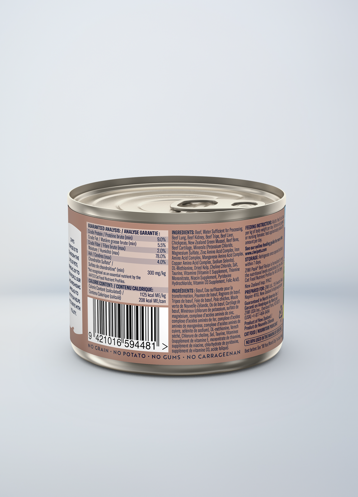 ZIWI Peak Beef Recipe wet cat food 185 g — official manufacturer back label and guaranteed analysis