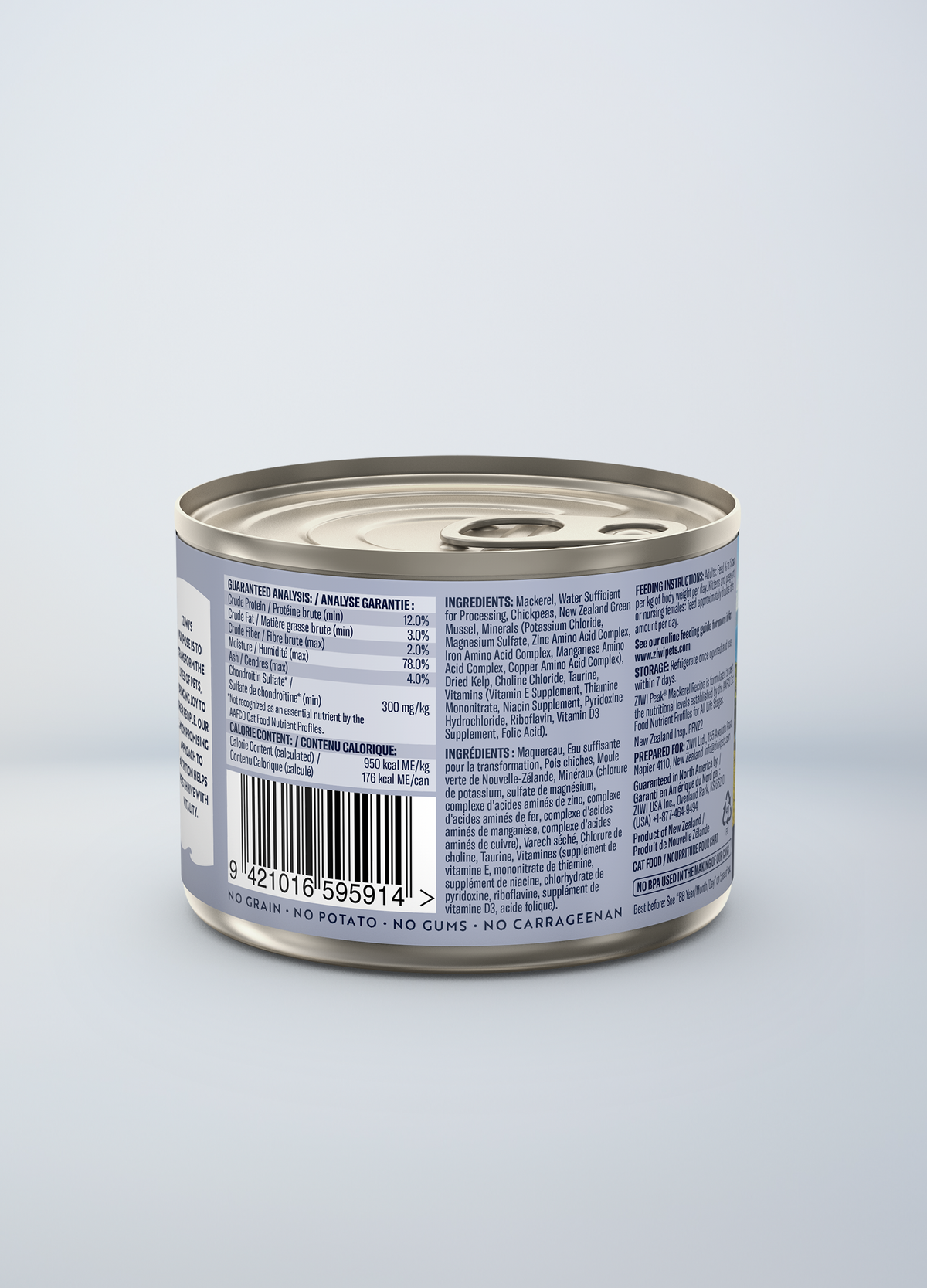 ZIWI Peak Mackerel Recipe wet cat food 185 g — official manufacturer back label and guaranteed analysis
